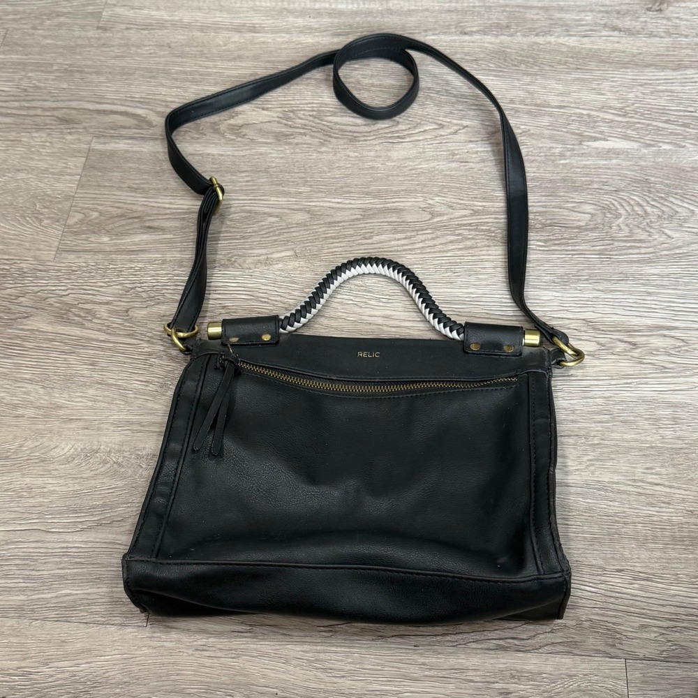 Relic by Fossil Black Faux Leather Crossbody Bag Braided Handle‎ Gold Hardware